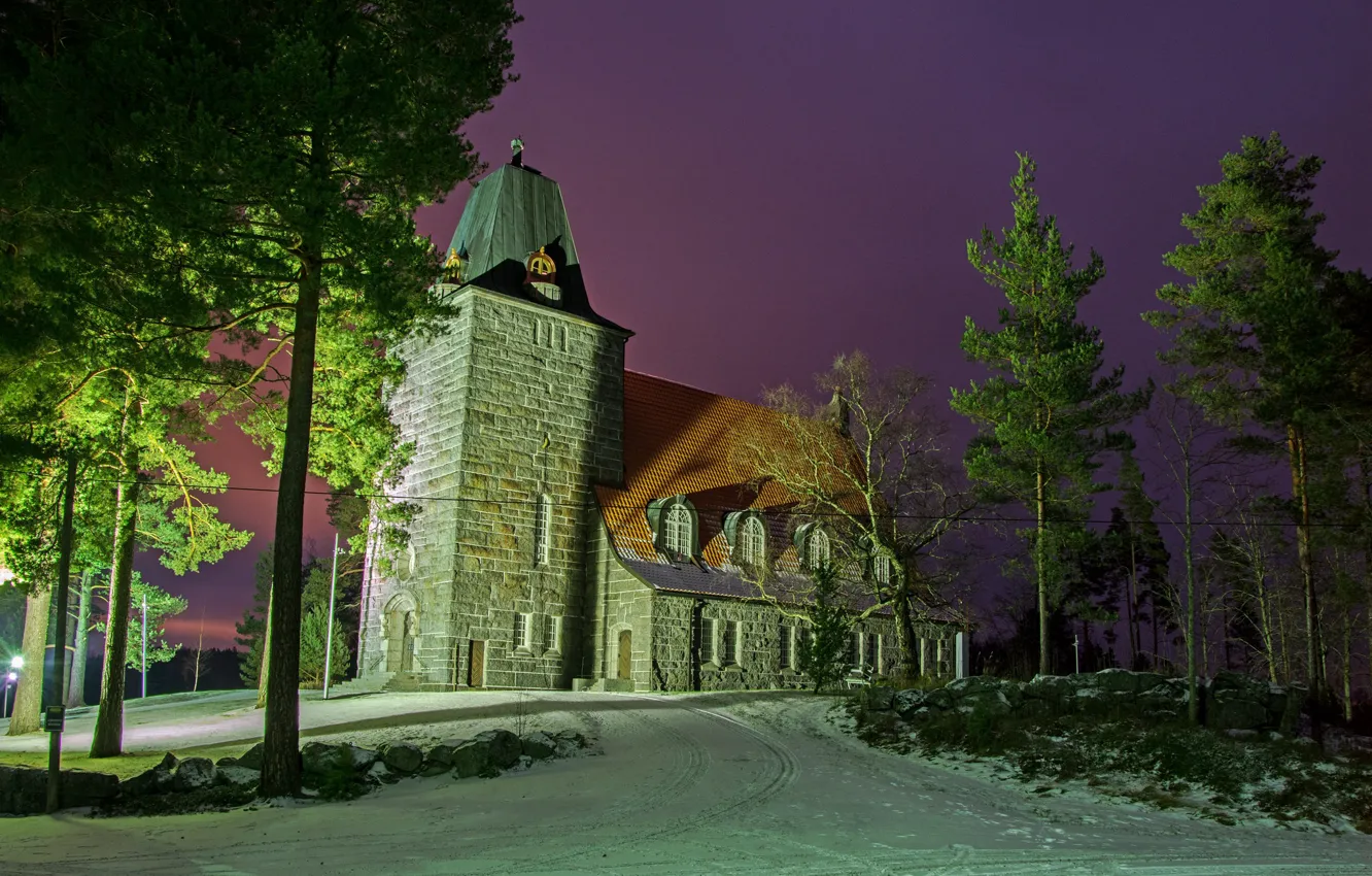 Фото обои зима, деревья, церковь, Finland, финляндия, Sastamala, Karkku
