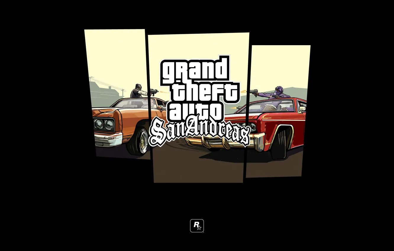 Фото обои машины, логотип, стрельба, GTA, Rockstar, Grand Theft Auto, San Andreas, банда Grove Street