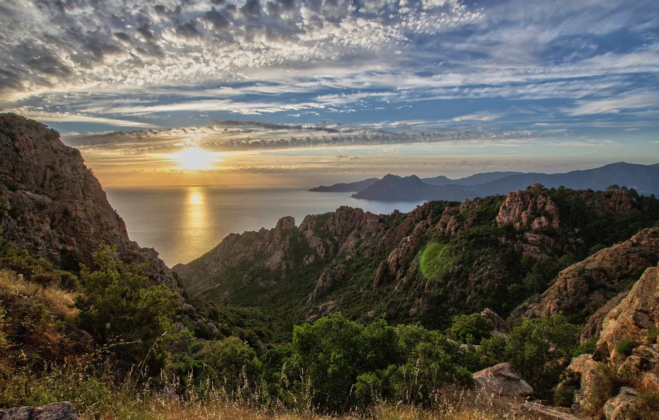 Фото обои закат, горы, побережье, Франция, France, Корсика, Corsica, Piana