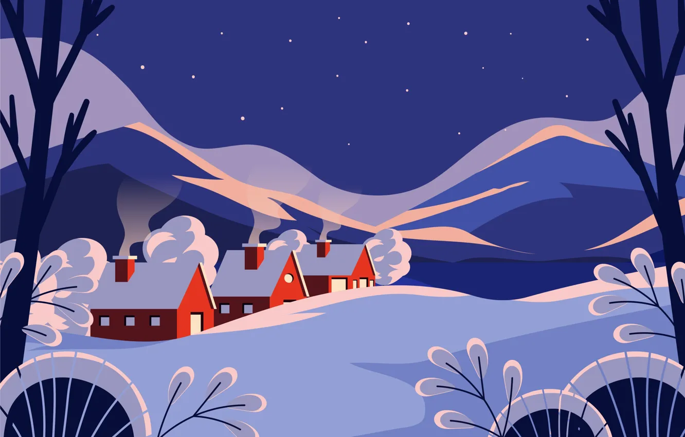Фото обои зима, звезды, свет, снег, деревья, пейзаж, горы, ночь