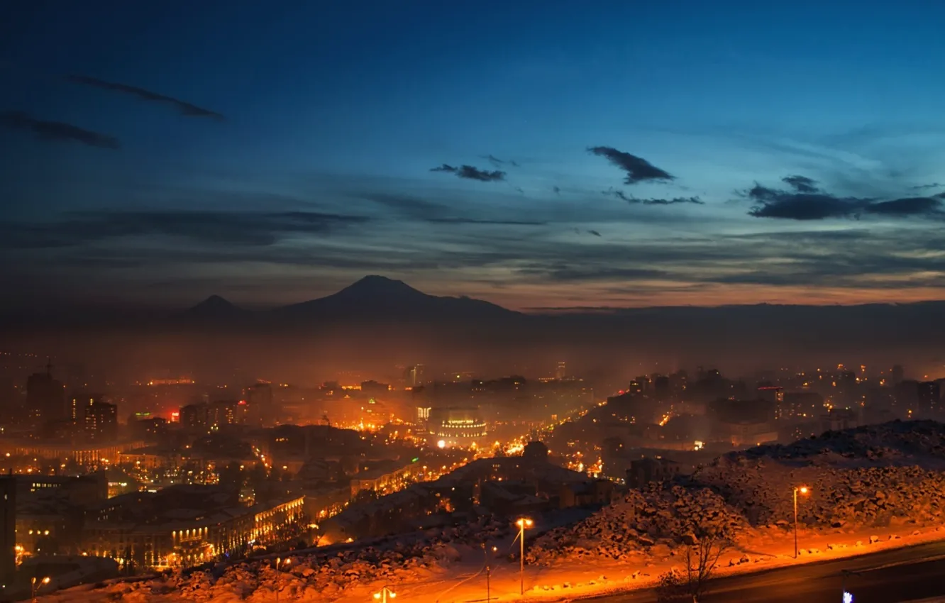 Фото обои небо, облака, горы, ночь, огни, Armenia, Армения, Ереван