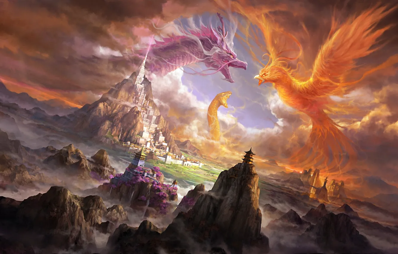 Фото обои горы, город, замок, скалы, огонь, дракон, змея, арт