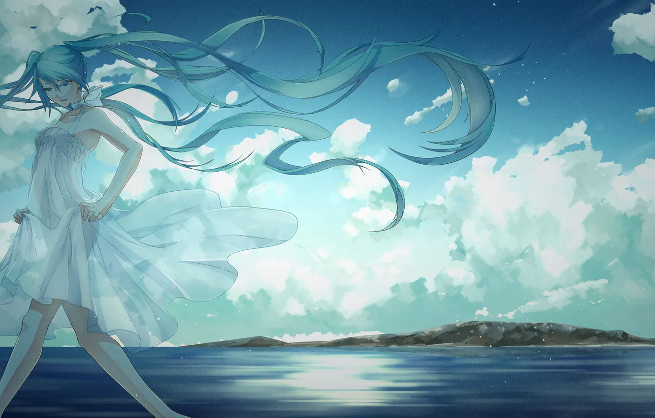 Фото обои море, небо, вода, девушка, облака, маяк, арт, vocaloid