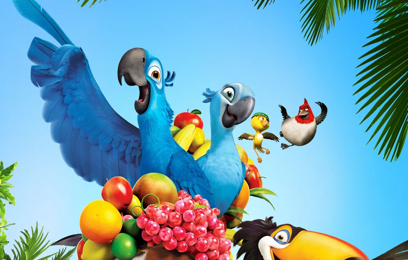 Фото обои птицы, мультфильм, попугай, фрукты, тукан, рио, голубчик, жемчужинка