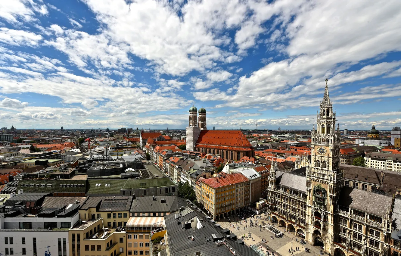 Фото обои Германия, Мюнхен, панорама, Мариенплац, Фрауэнкирхе, новая ратуша