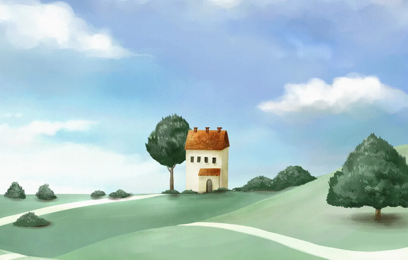 Фото обои дорога, облака, деревья, дом, холмы, рисунок