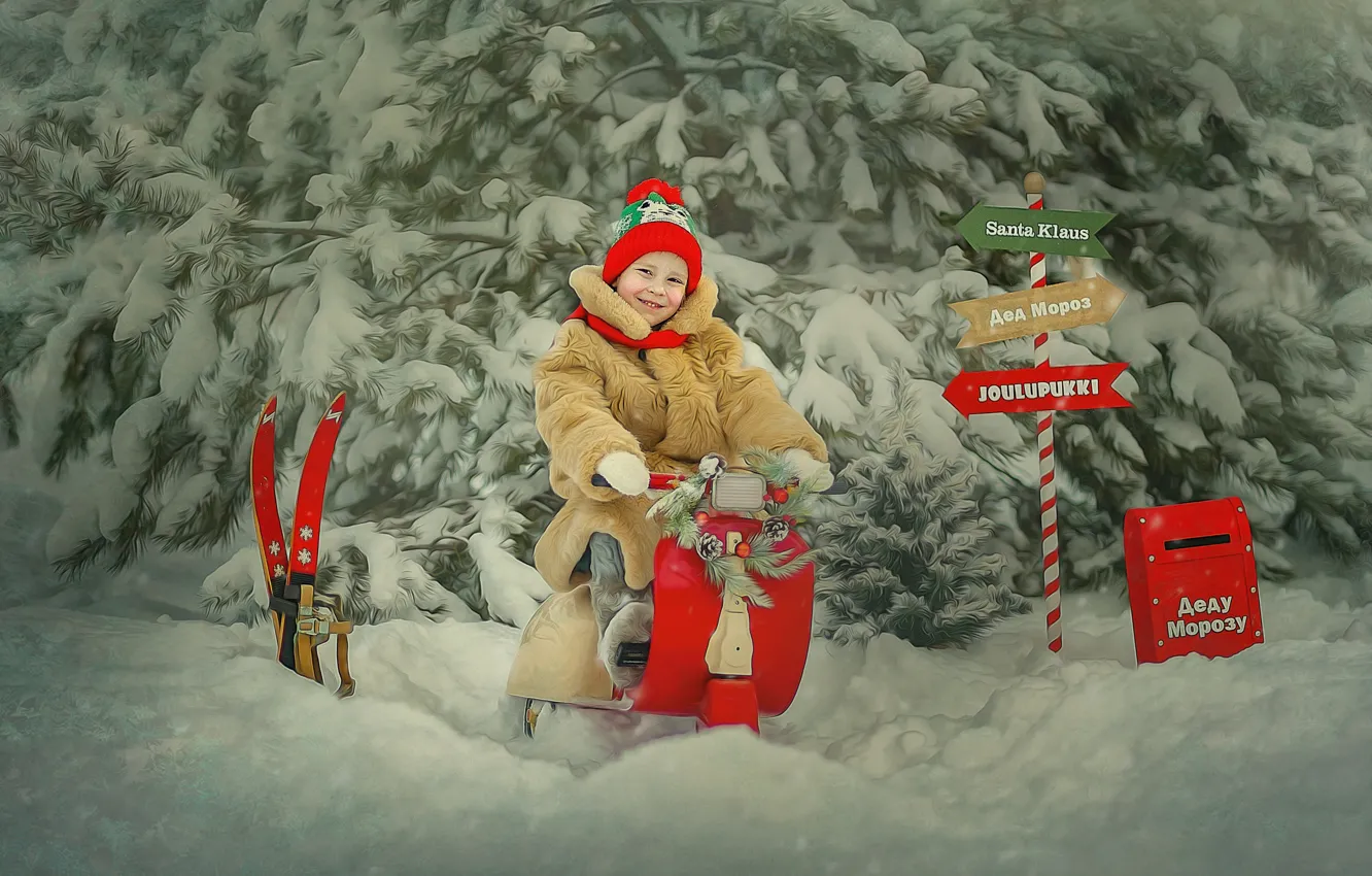 Фото обои зима, снег, деревья, природа, обработка, ели, девочка, ребёнок