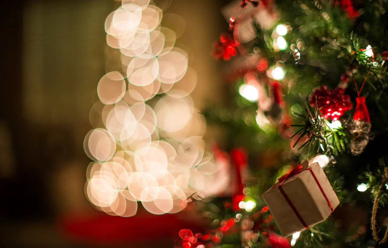 Фото обои свет, подарок, елка, новый год, Christmas, боке