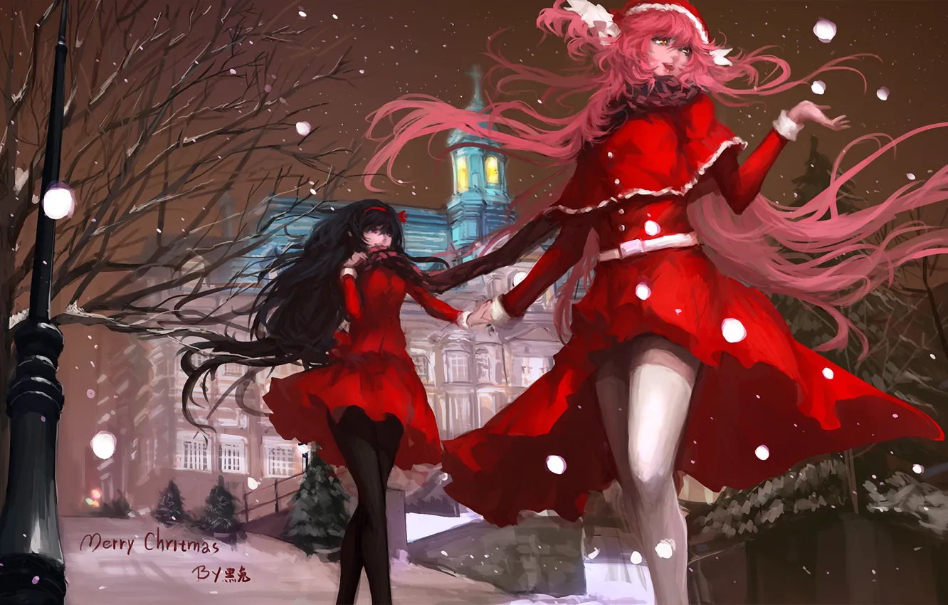 Фото обои зима, снег, ночь, город, девушки, аниме, Новый Год, Рождество