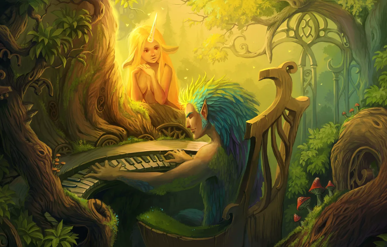 Фото обои лес, взгляд, девушка, музыка, арт, существа, пианино, рог