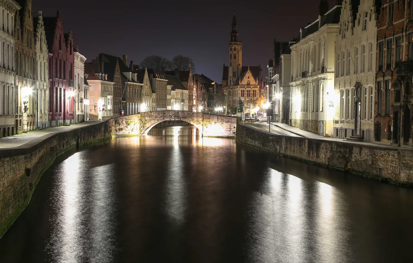 Фото обои небо, ночь, мост, огни, дома, канал, Бельгия, Брюгге