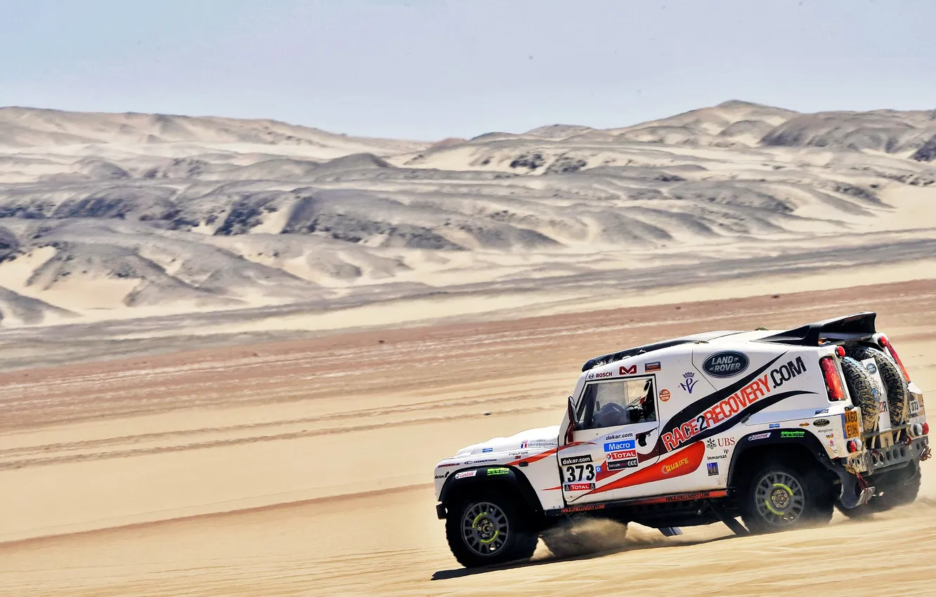 Фото обои белый, Песок, Авто, Машина, Скорость, Land Rover, Rally, Dakar