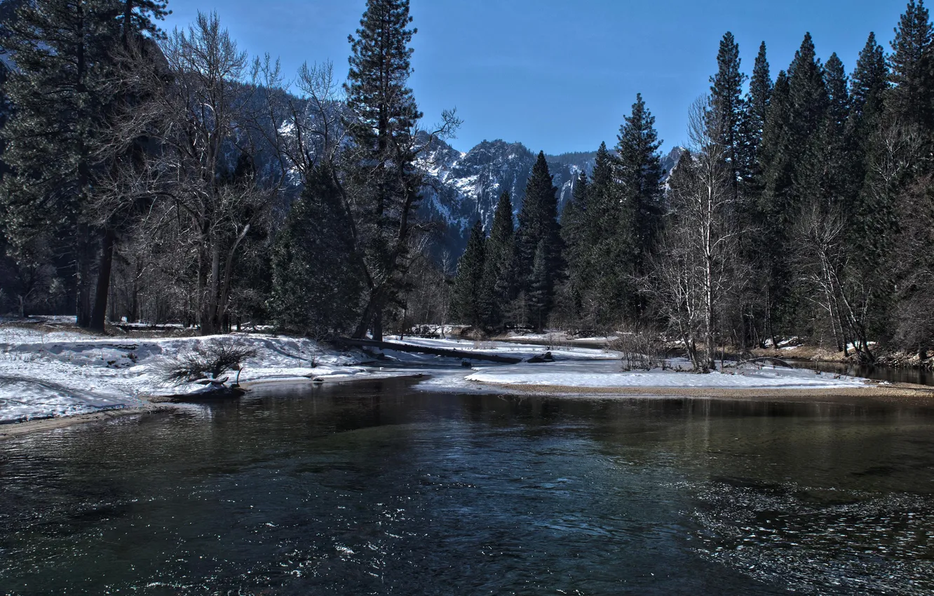 Фото обои вода, снег, деревья, пейзаж, горы, река