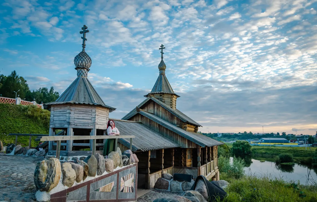 Фото обои пейзаж, природа, город, пруд, камни, травы, купель, Боровск