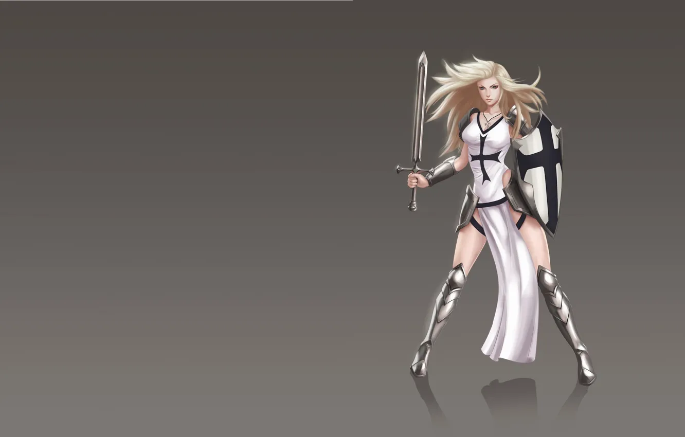 Фото обои девушка, оружие, меч, арт, fantasy, щит, рыцарь