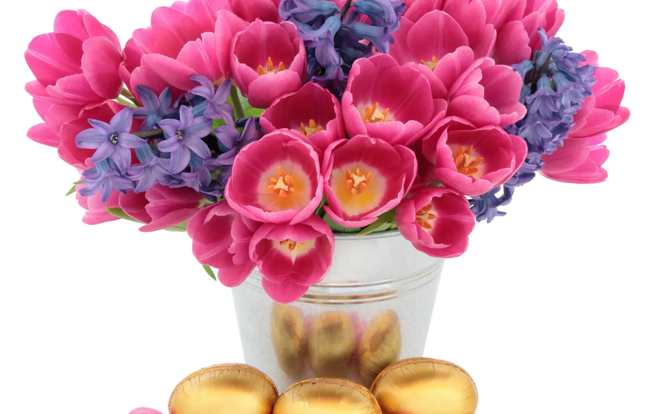 Фото обои цветы, фон, праздник, яйца, пасха, тюльпаны, ваза