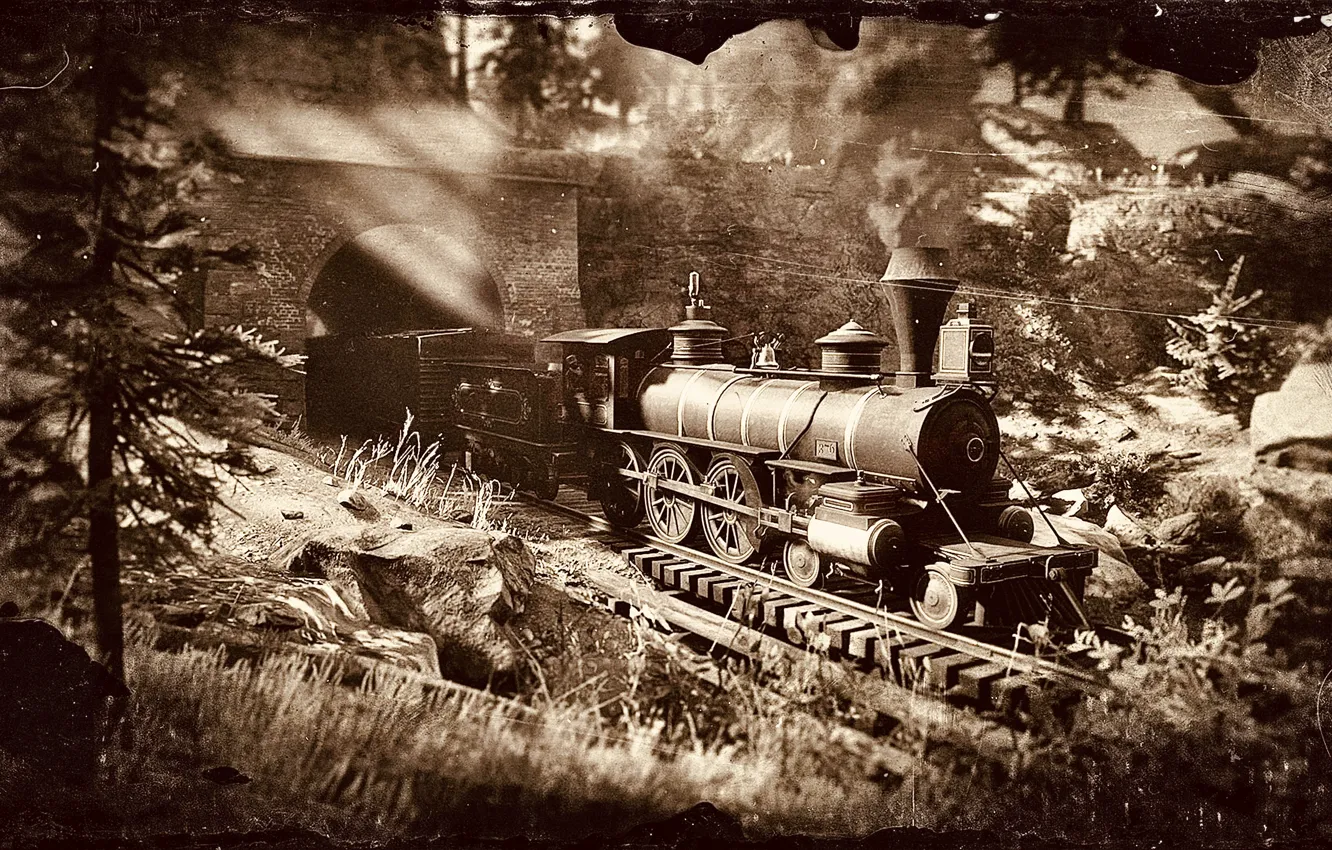 Фото обои HDR, Train, Smoke, Game, Rocks, Trees, Tunnel, UHD