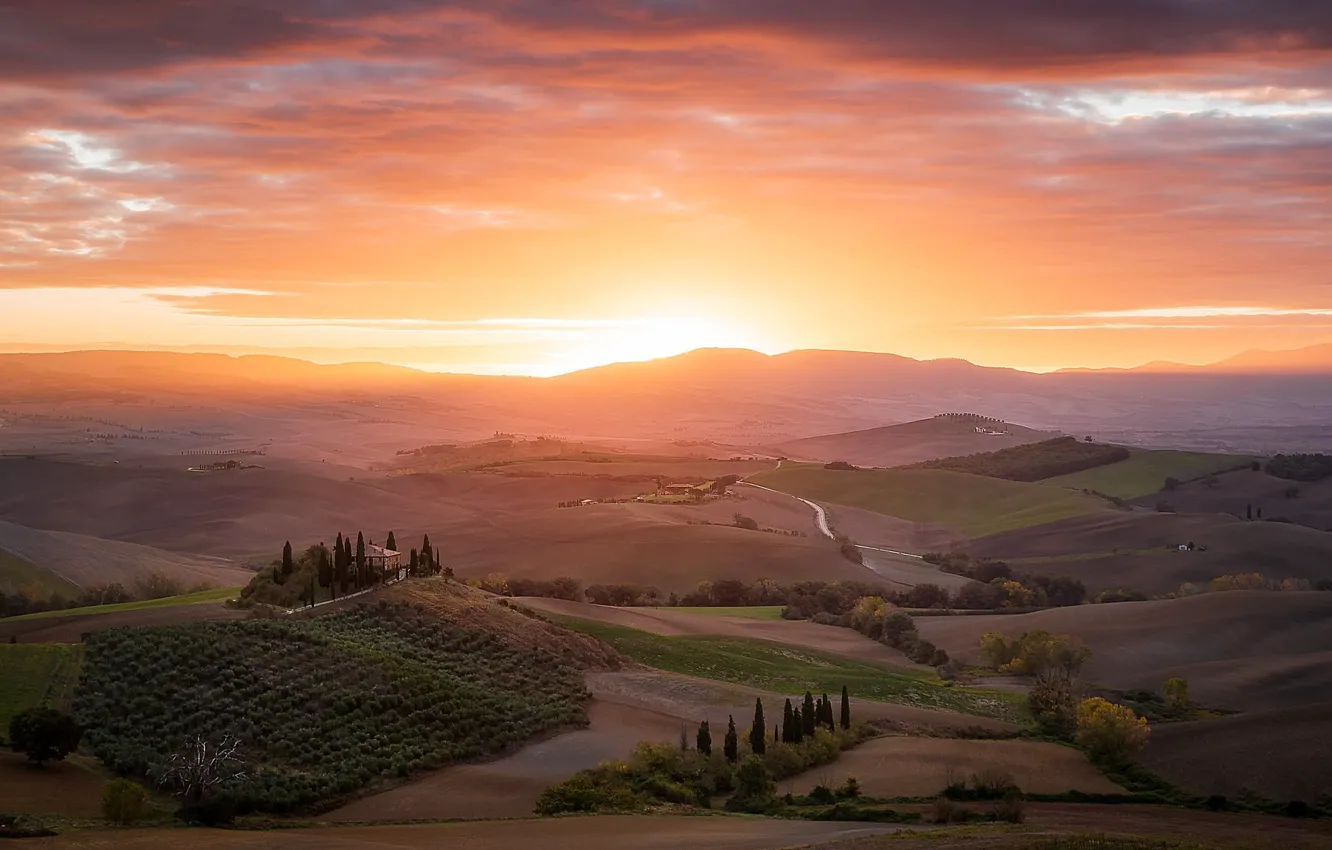Фото обои рассвет, утро, Италия, Тоскана
