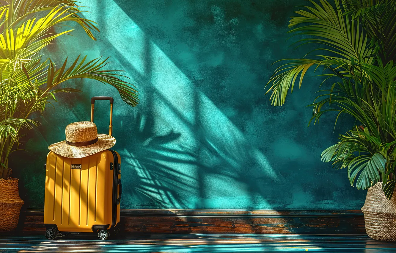 Фото обои пляж, лето, пальмы, берег, отпуск, чемодан, summer, beach
