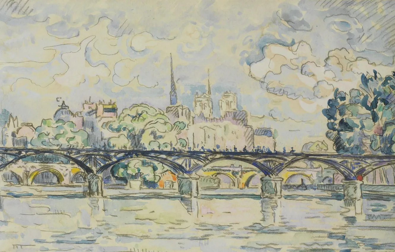 Фото обои рисунок, акварель, Поль Синьяк, Paul Signac, Париж. Мост Искусств
