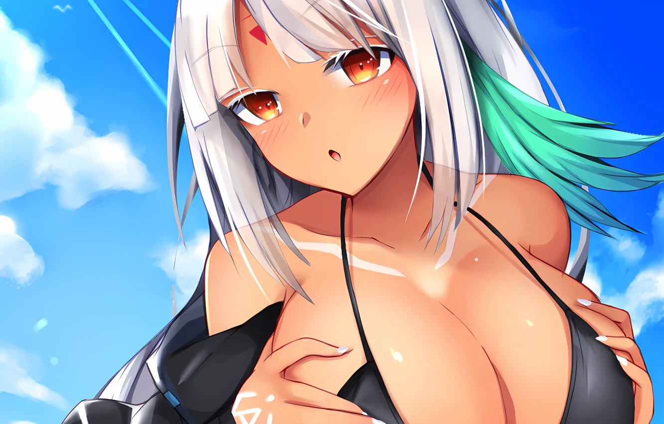 Фото обои girl, sexy, cleavage, sky, long hair, boobs, anime, beautiful