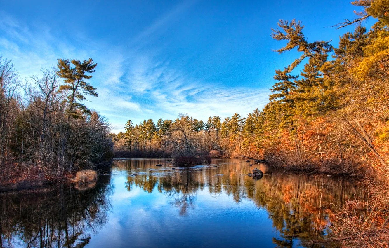 Фото обои осень, лес, небо, облака, деревья, река