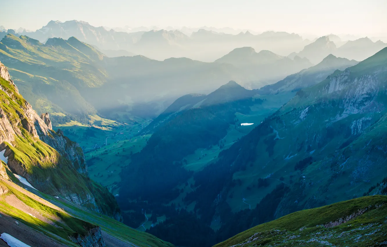 Фото обои лес, пейзаж, горы, долина, горный хребет, панорамма, Switzerland in the Alpsteinmassiv, Rotsteinpass