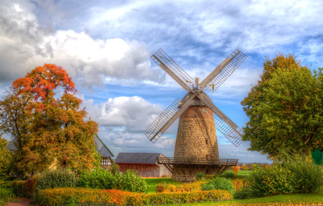 Фото обои осень, небо, листья, облака, деревья, HDR, дома, Германия