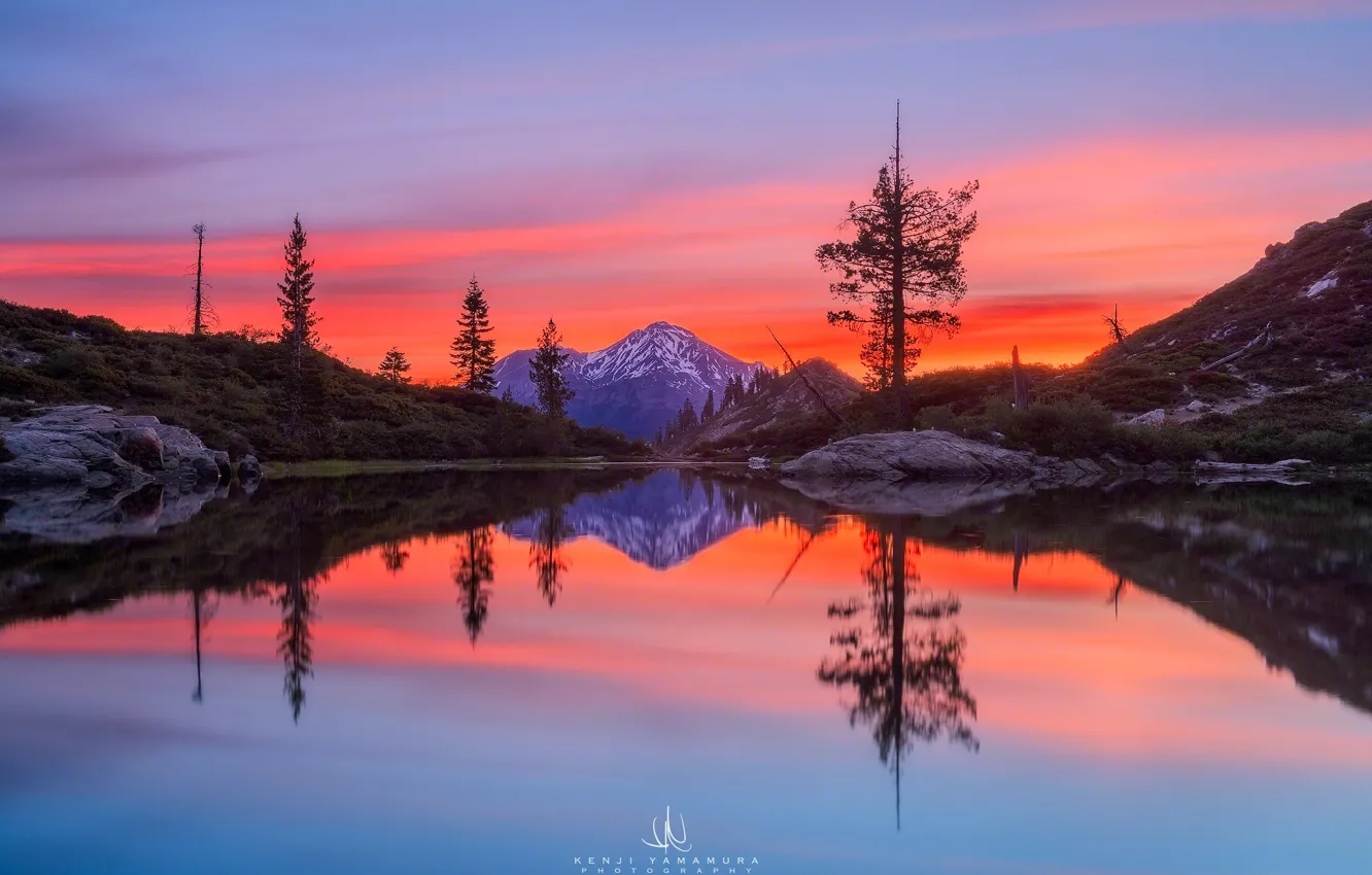 Фото обои рассвет, гора, photographer, водоём, California, Mount Shasta, Kenji Yamamura, Castle Lake