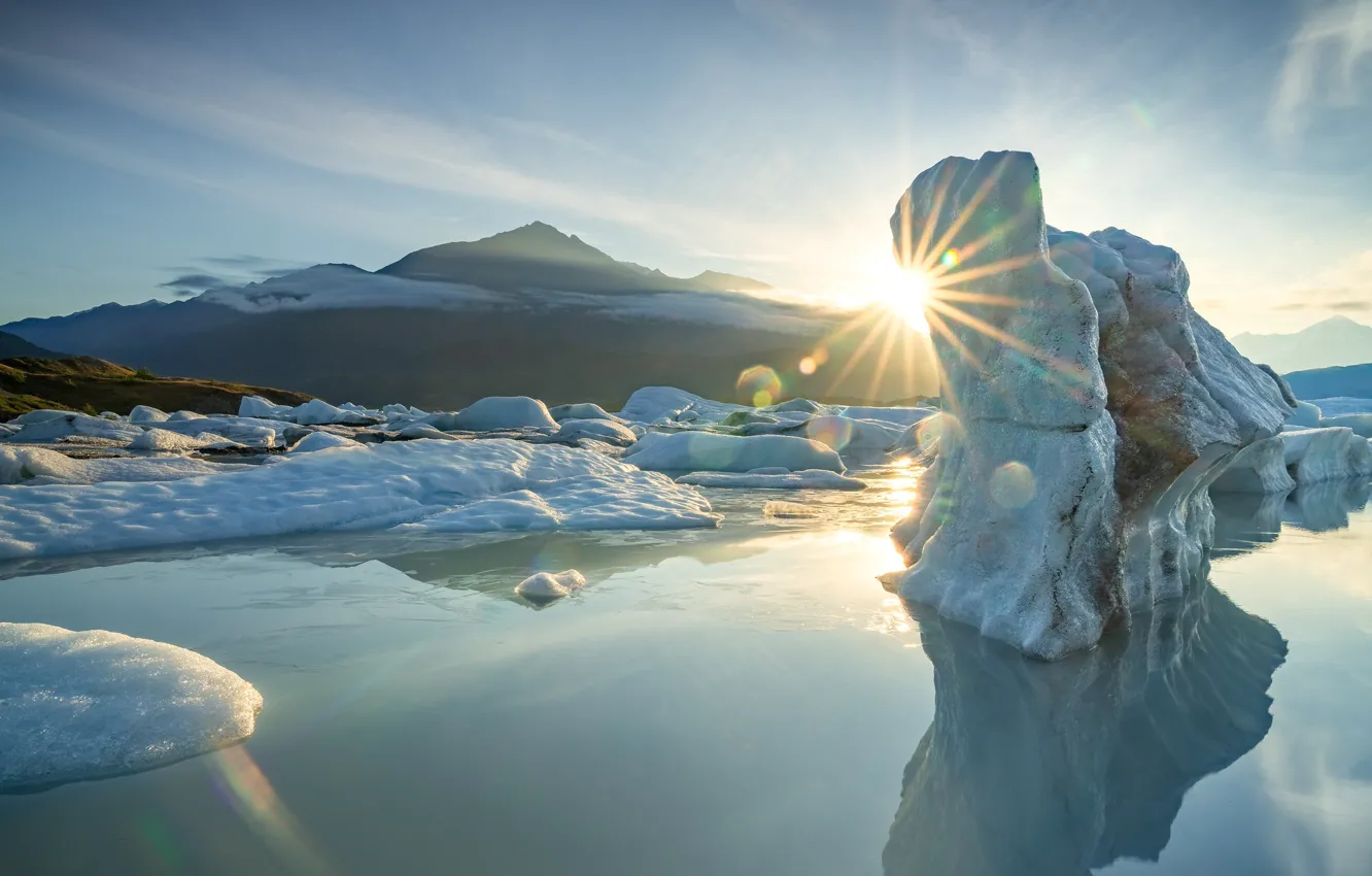 Фото обои холод, зима, солнце, свет, снег, горы, отражение, берег