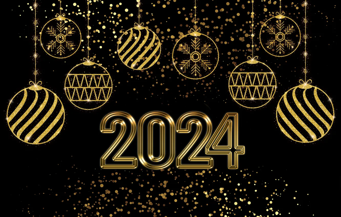 Фото обои золото, шары, цифры, Новый год, golden, balls, number, New year