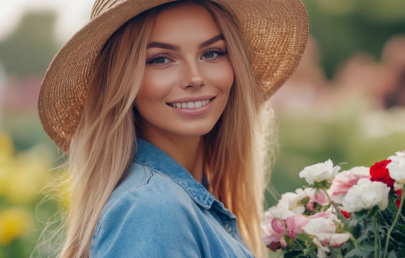 Фото обои взгляд, девушка, цветы, природа, улыбка, портрет, розы, букет