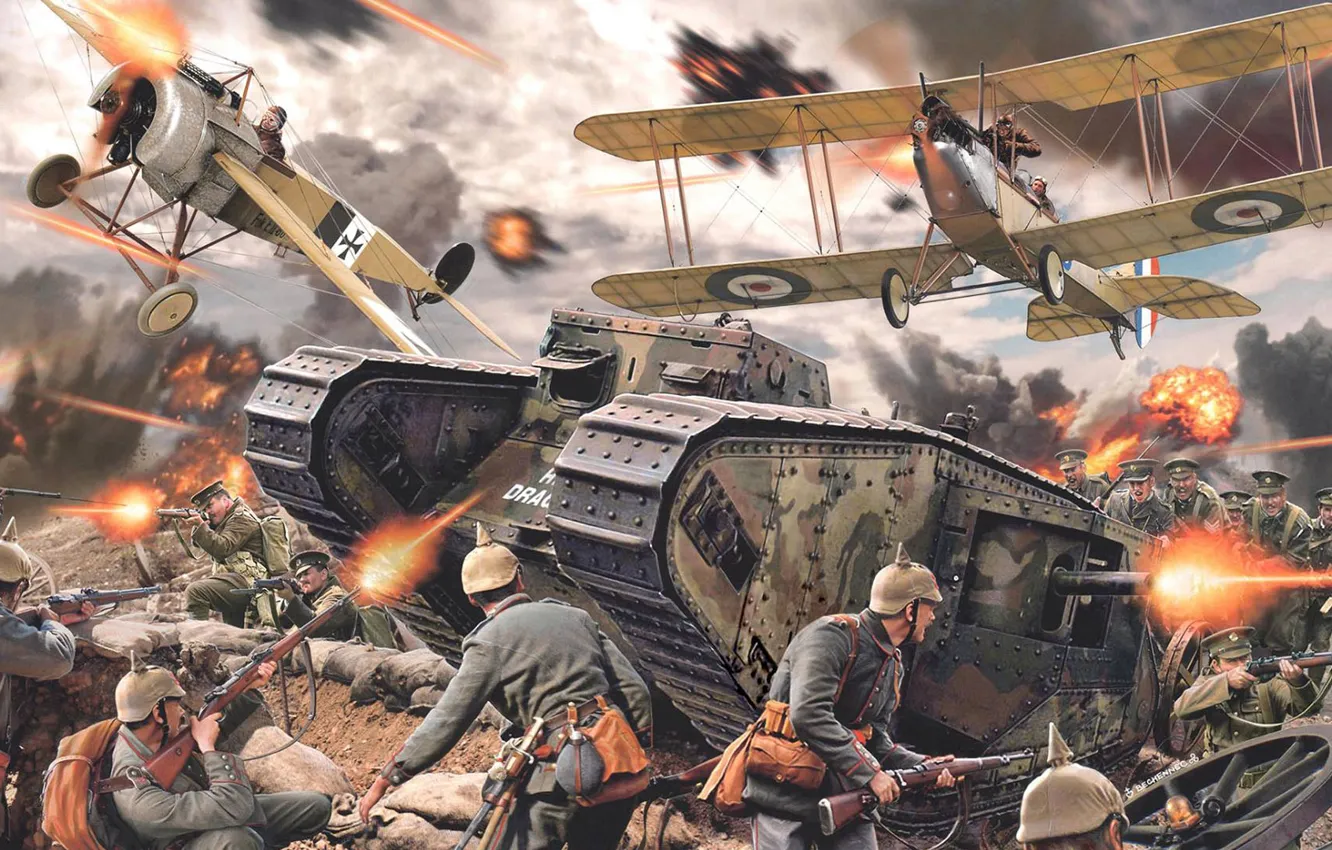Фото обои Германия, Великобритания, British Army, Fokker E.II, Первая мировай война, Daniel Bechennec, Mark I Male, WWI …
