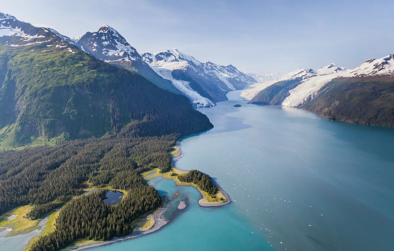 Фото обои лес, небо, горы, залив, Alaska