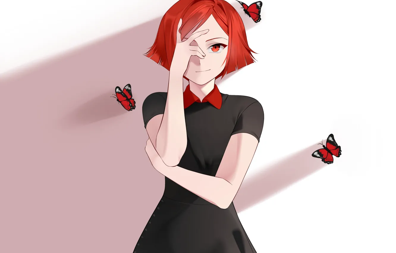 Фото обои взгляд, девушка, бабочки, аниме, арт, красные волосы, Sunnypoppy
