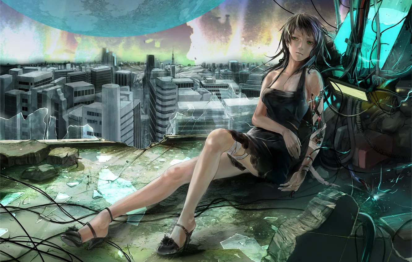 Фото обои девушка, осколки, город, провода, планета, робот, арт, руины