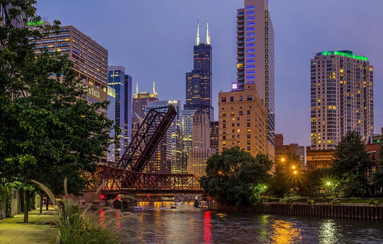 Фото обои мост, город, река, вечер, Чикаго, США, Иллиноис