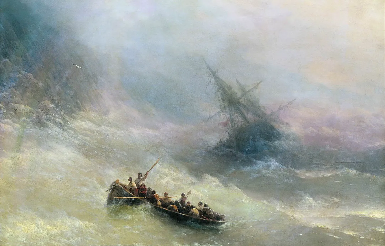 Фото обои шторм, корабль, картина, Радуга, морской пейзаж, шлюпка, Иван Айвазовский, 1848