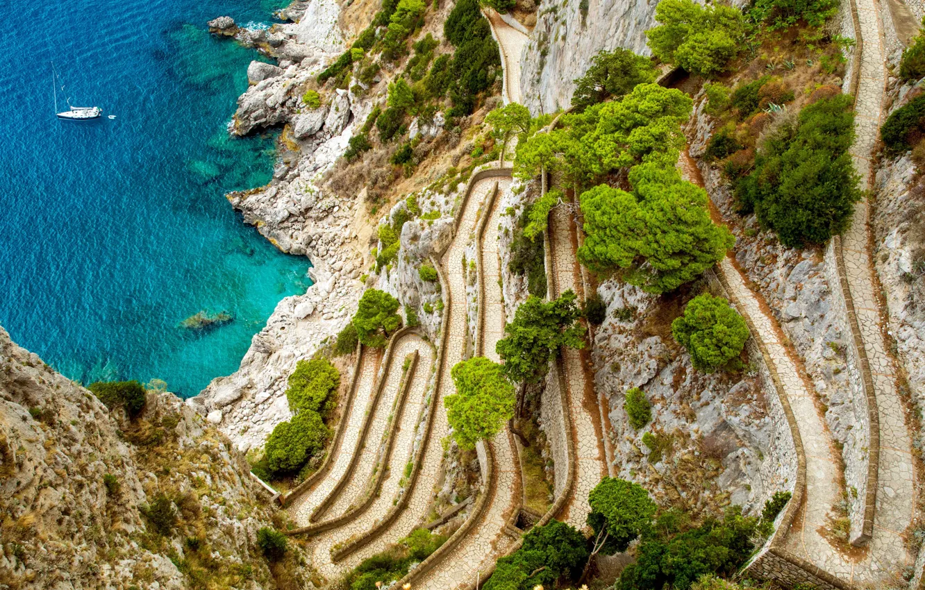 Фото обои Italy, Coast, Road, Sea, Island, Capri, Tyrrhenian