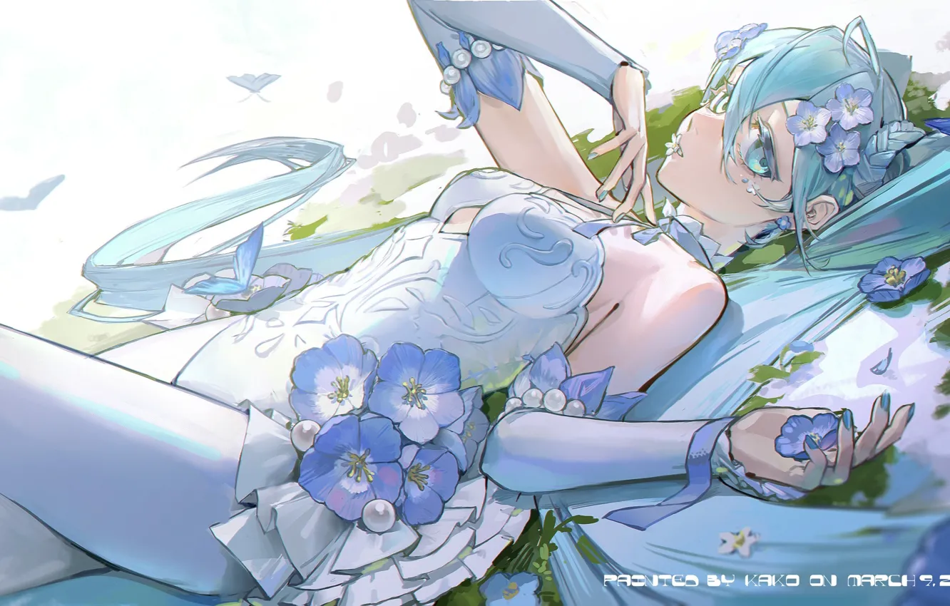 Фото обои вода, девушка, бабочки, цветы, Hatsune Miku, Vocaloid