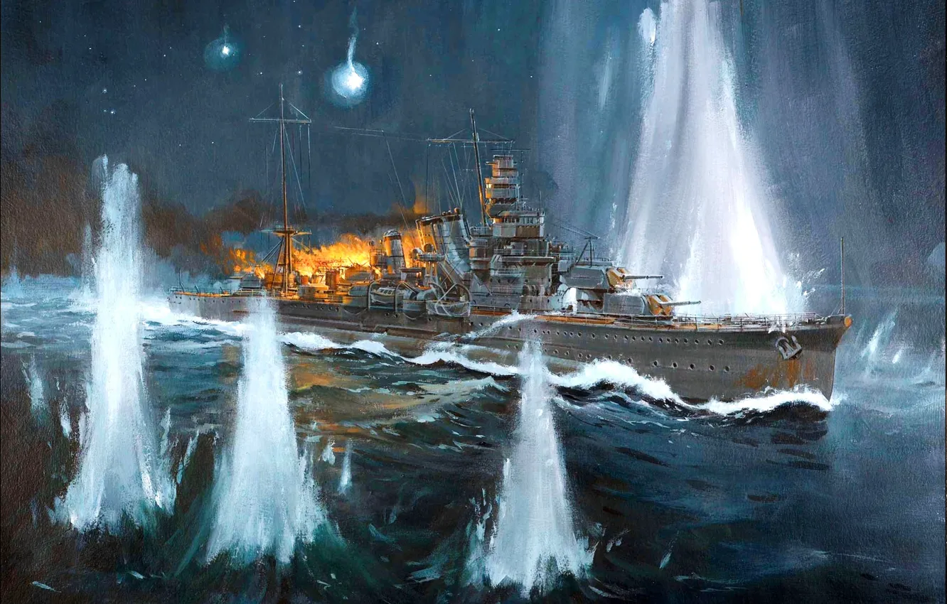 Фото обои огонь, дым, рисунок, арт, выстрелы, японский, морской бой, WW2