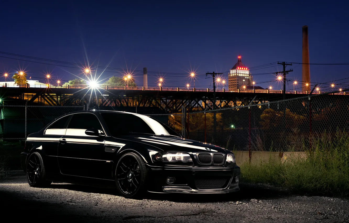Фото обои ночь, город, блики, бмв, BMW, чёрная, black, E46