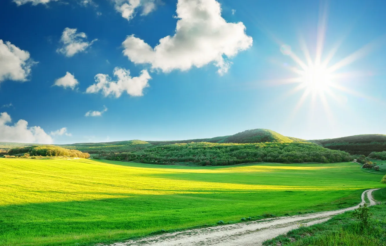 Фото обои дорога, небо, трава, солнце, горы, арт, Пейзаж