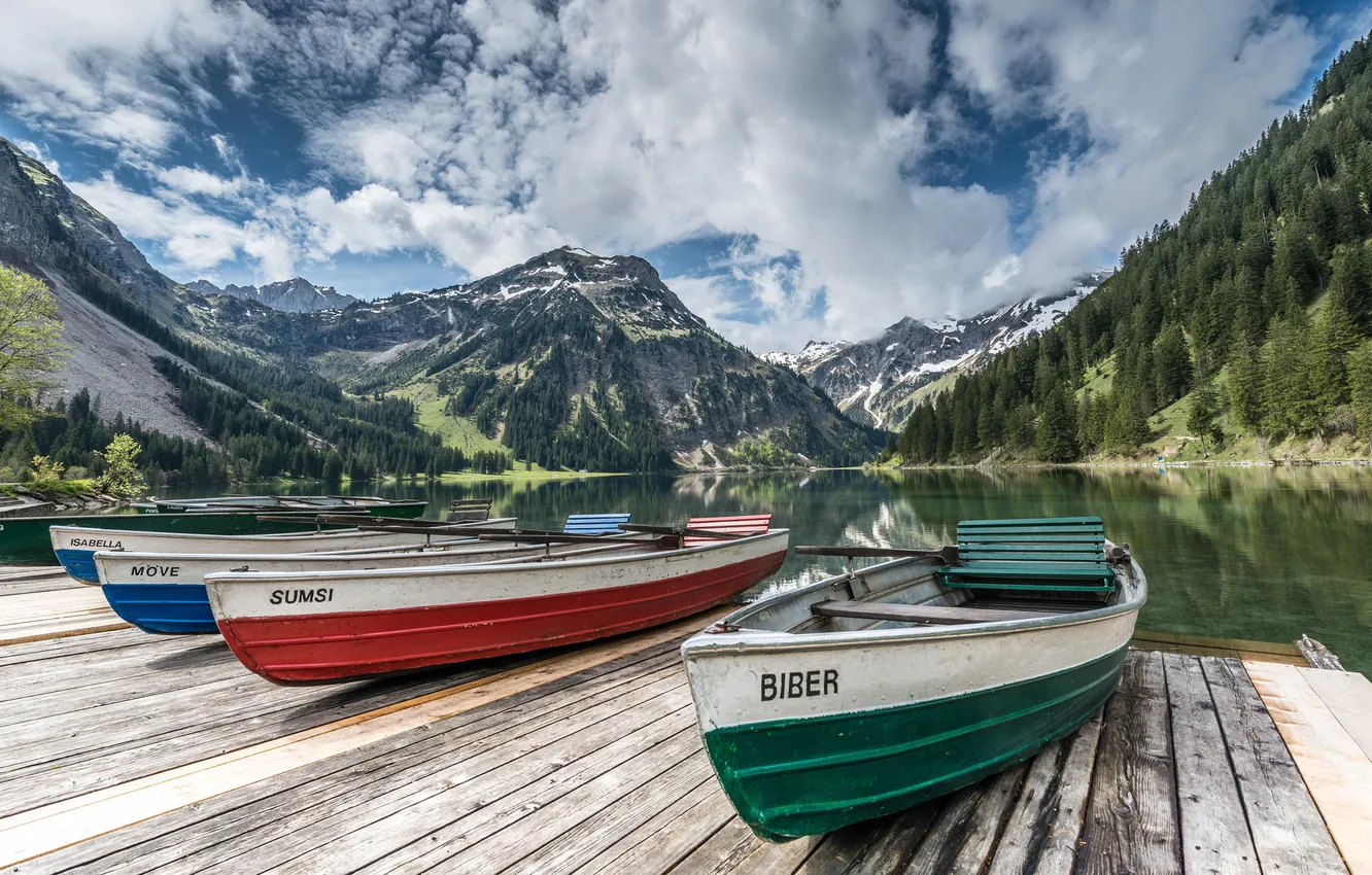 Фото обои горы, озеро, пристань, лодки, Австрия, Austria, Тироль, Tyrol