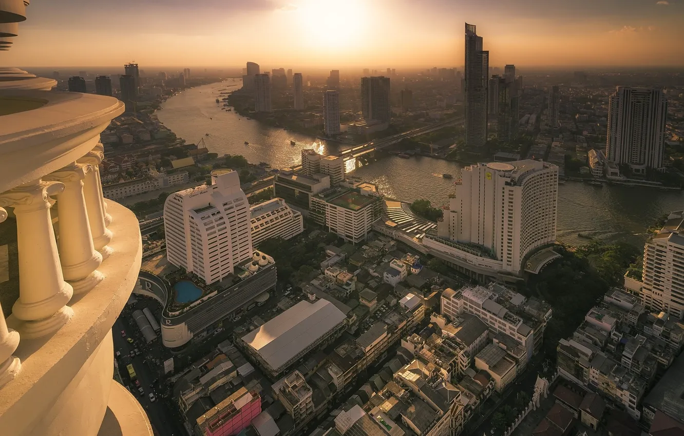Фото обои солнце, город, река, рассвет, здания, красота, утро, Таиланд