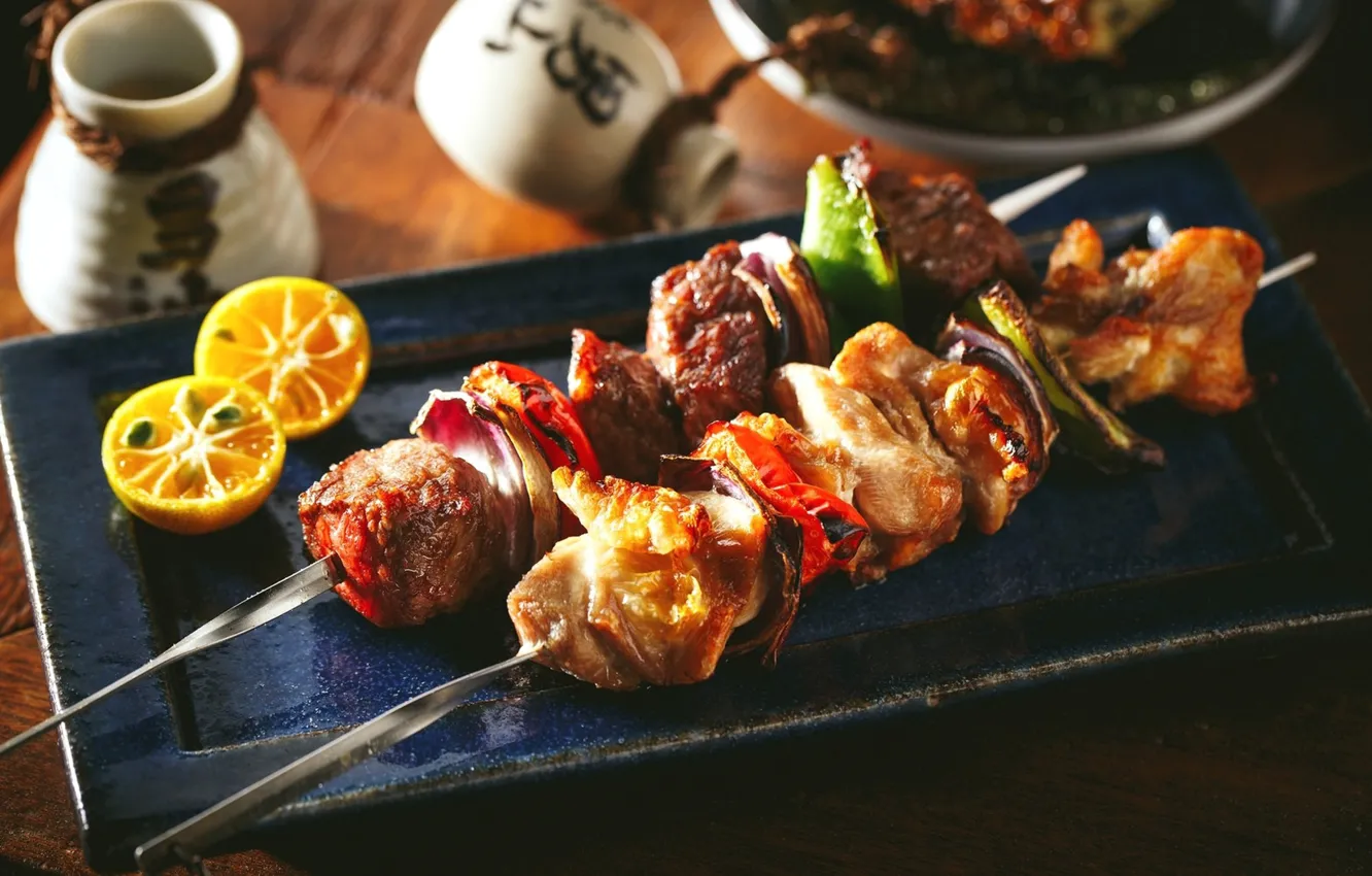 Фото обои лимон, мясо, lemon, овощи, meat, шашлыки, kebabs