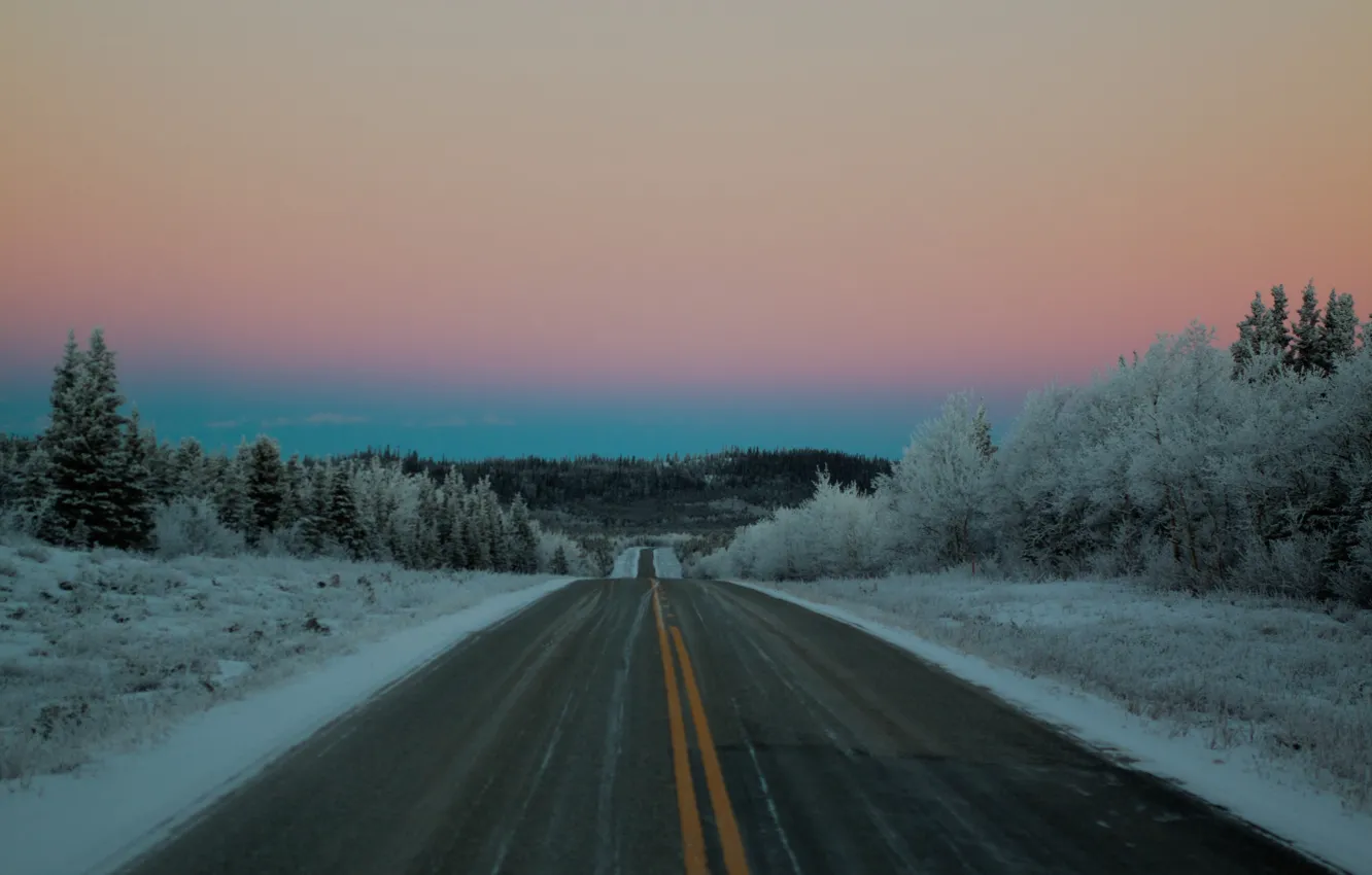 Фото обои twilight, road, sunset, pink, winter, snow, dusk, purple