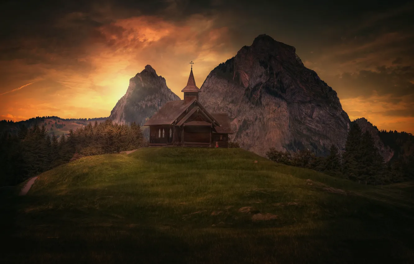 Фото обои горы, Швейцария, церковь