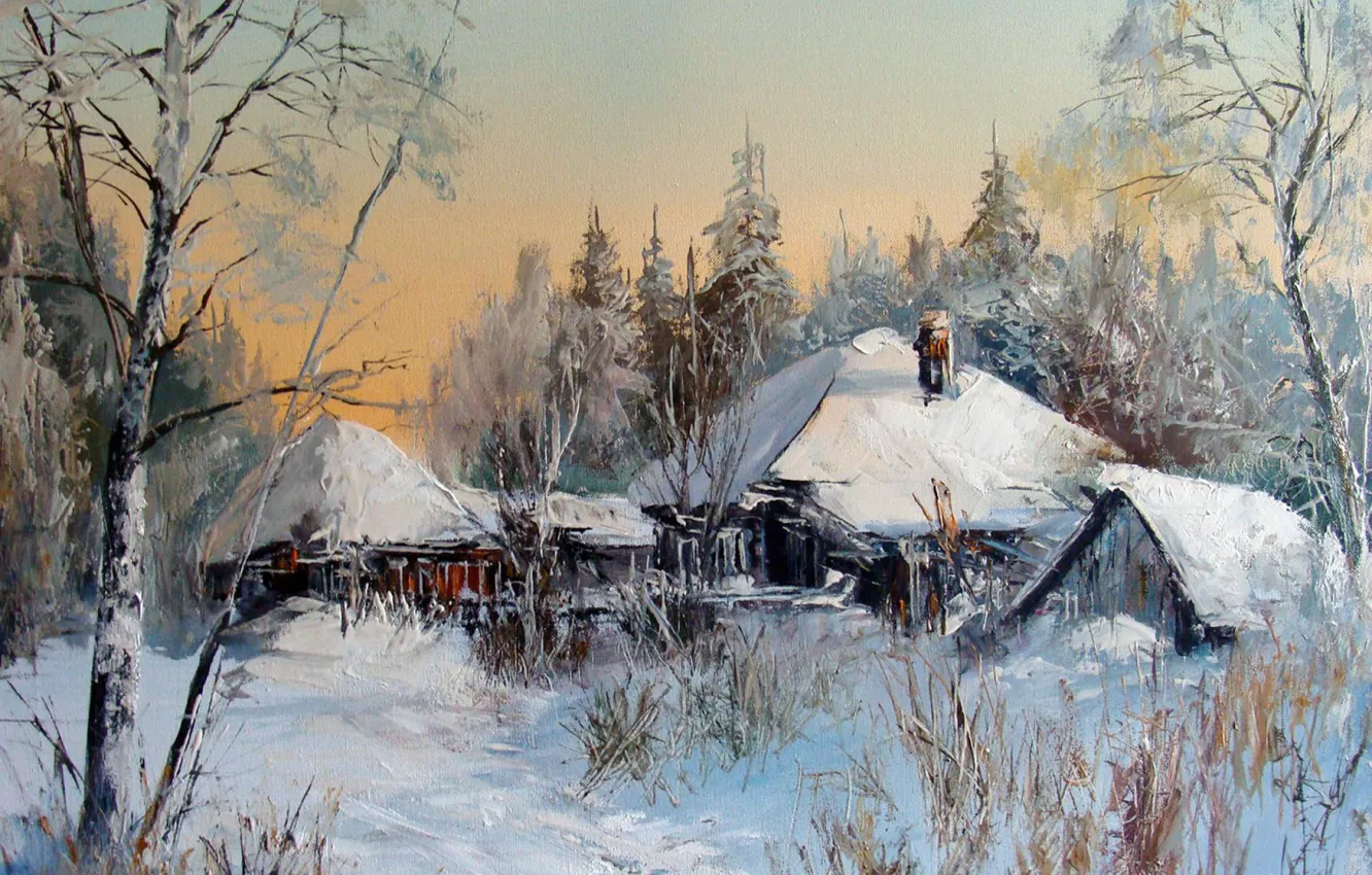 Фото обои зима, масло, картина, живопись, холст, Зимний пейзаж, деревенский пейзаж, художник Александр Леднев