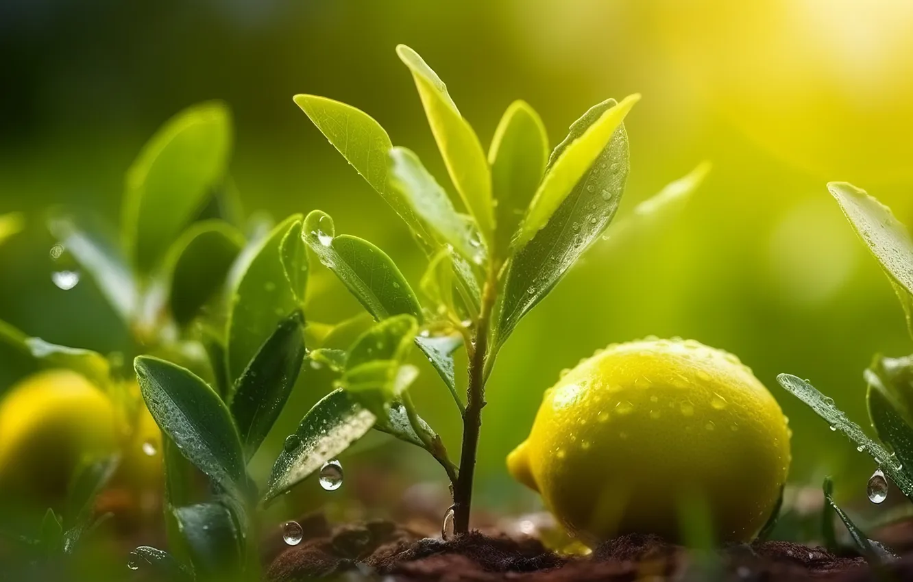 Фото обои green, nature, art, leaves, fruit, water drops, sunlight, plants